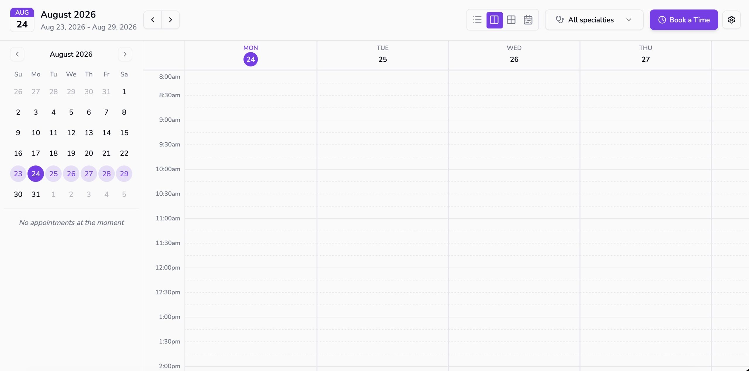 Lexa calendar showing the clinic scheduling workspace for August 2026